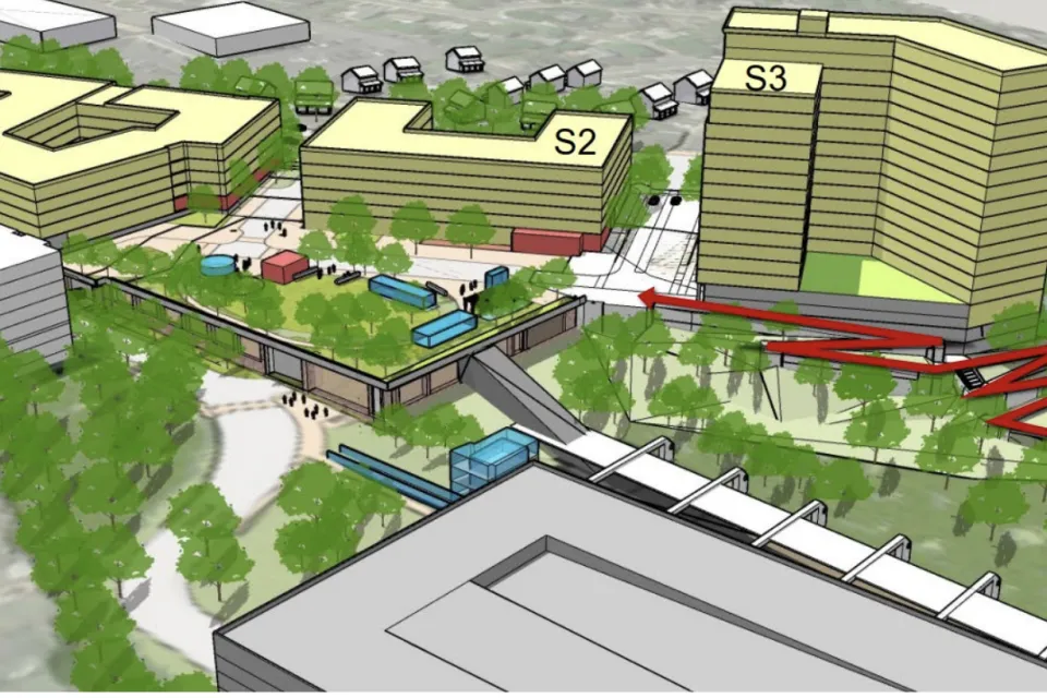A conceptual rendering of new buildings around the Huntington Metro station in Virginia.